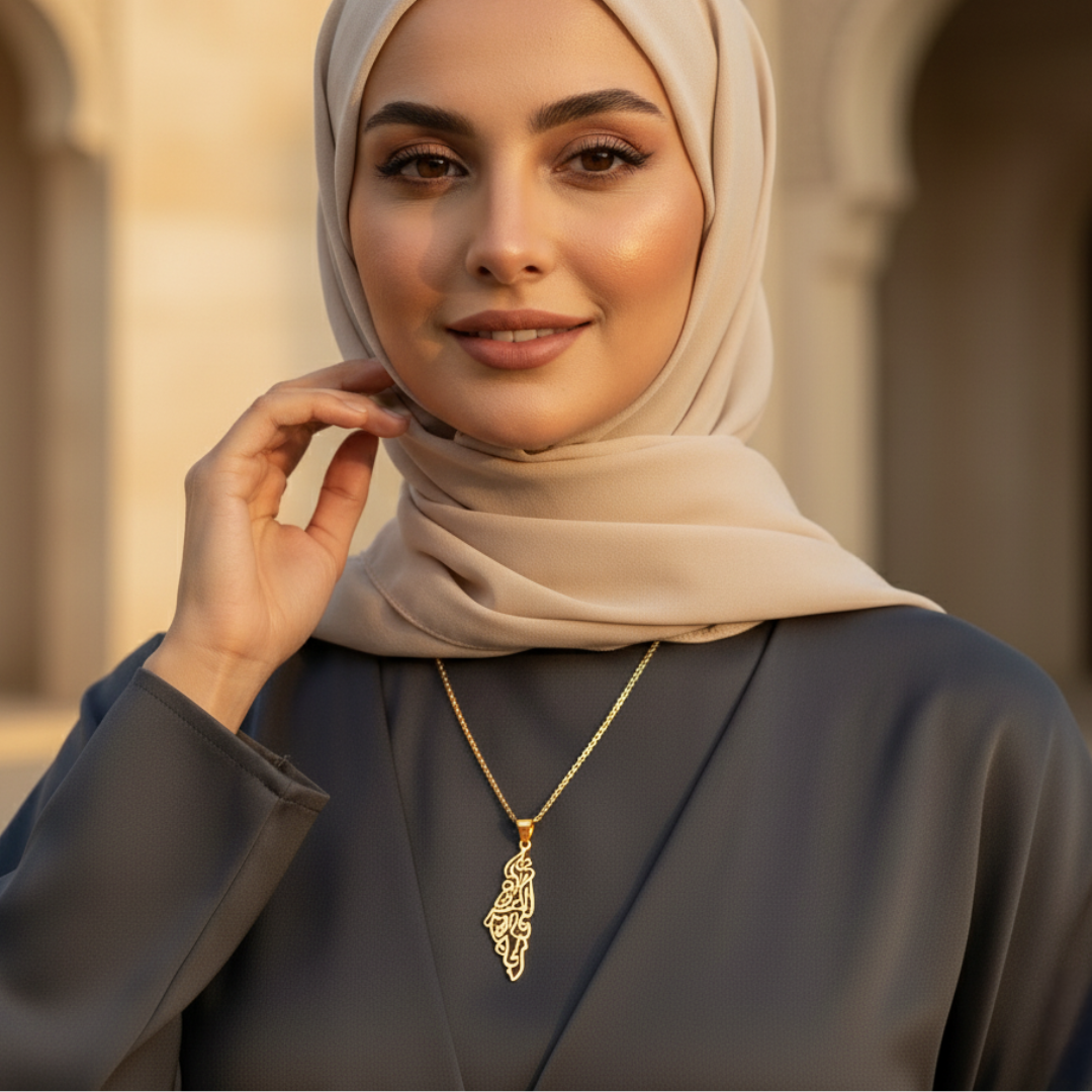 Qamar Palestine Calligraphy Map Necklace