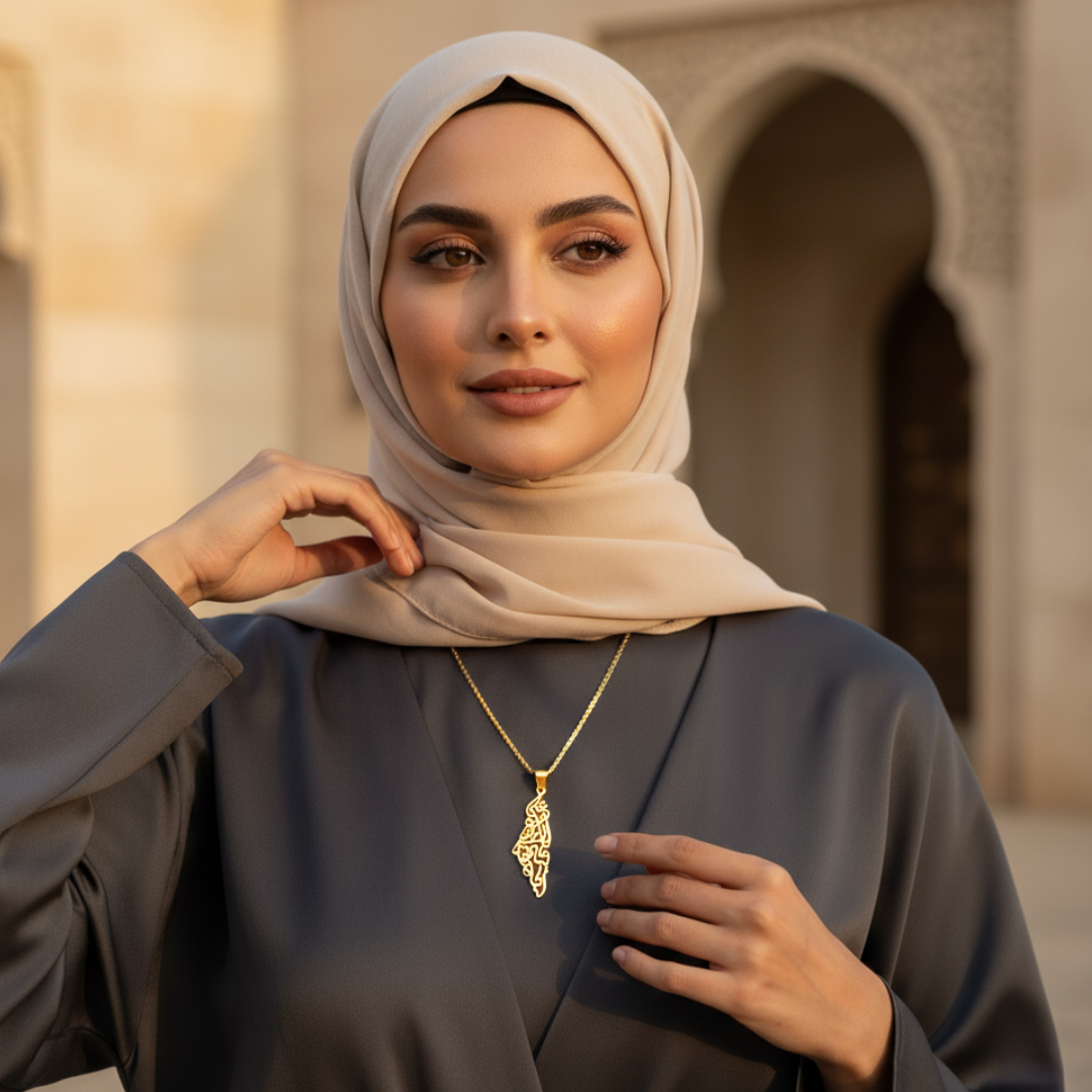 Qamar Palestine Calligraphy Map Necklace